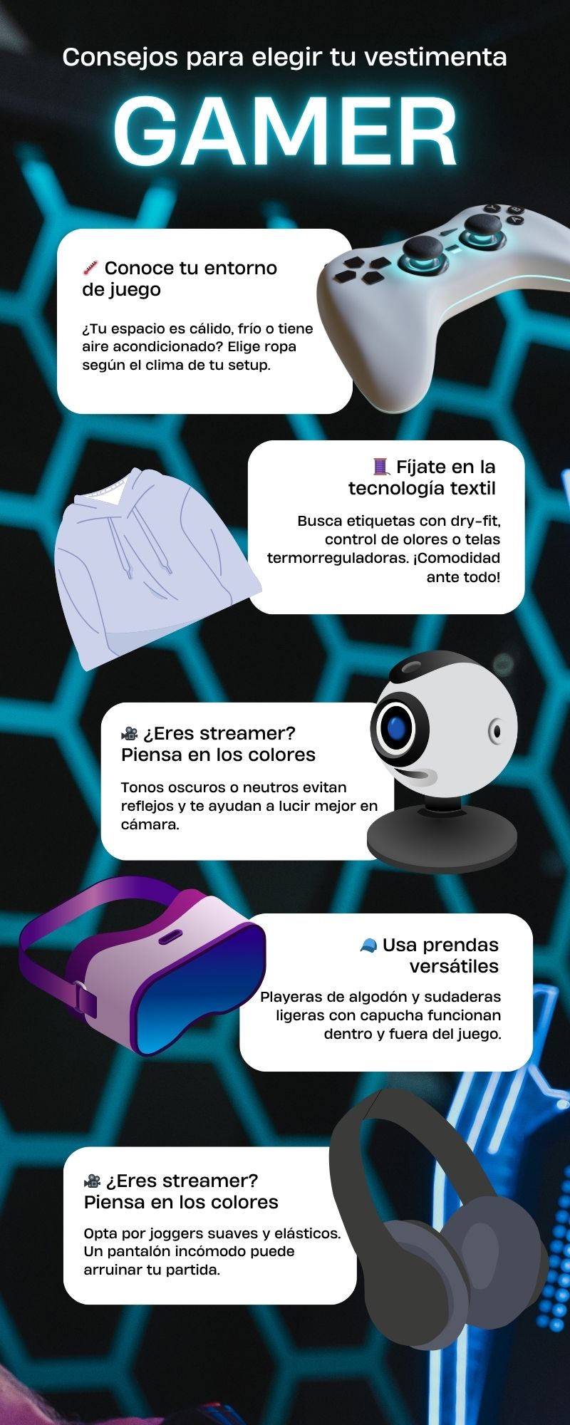Infografía de tips para elegir una vestimenta gamer
