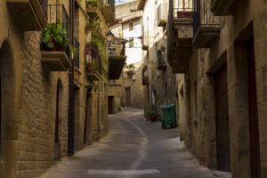 contenedor de basura verde a la mitad de un callejón de casas habitacionales